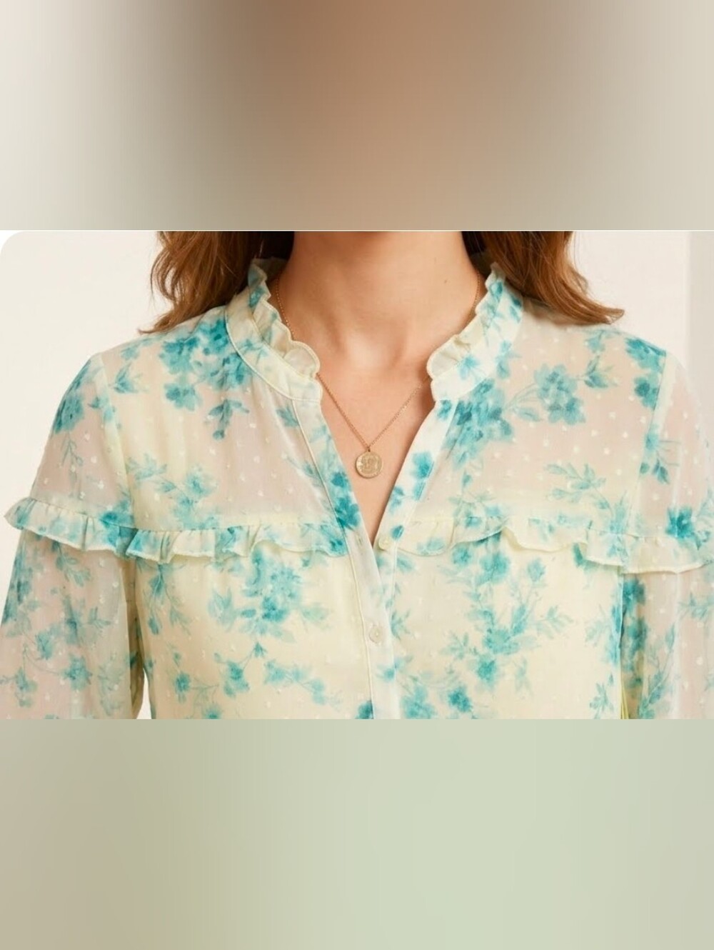NWT CeCe L Swiss Dot Floral Ruffle Yellow Teal Blouse Shirt Romantic Lined Lslv - Picture 5 of 11